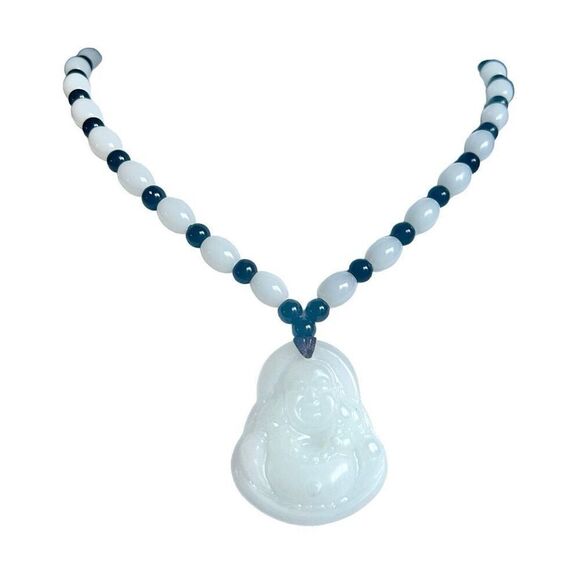 Artisan Buddha Faux White Jade Pendant Beaded Necklace Adjustable 18-26 inches - Picture 1 of 3